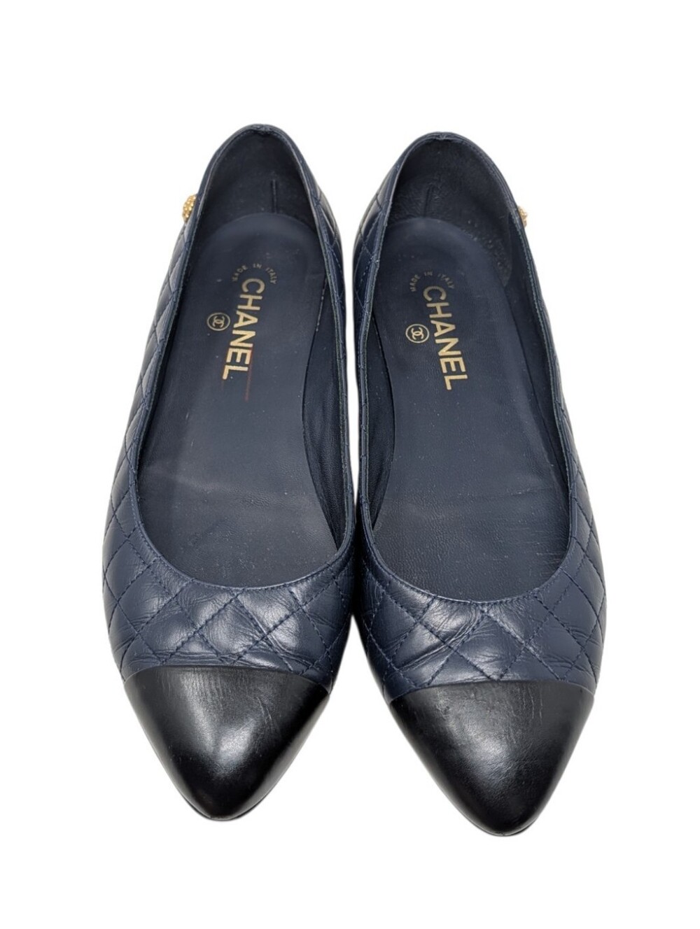 Chanel Navy Blue Quilted Cap Toe Camellia Charm Ballerina Flat Size EU 40.5